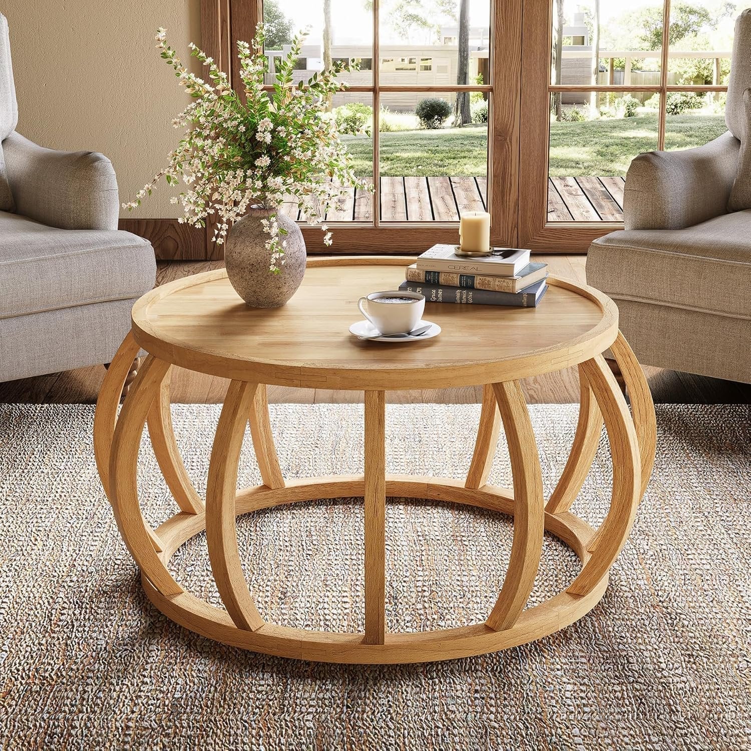 TribeWood Table Basse Ronde, Table Basse Bois Massif 80 cmTable Centrale avec Base Incurvée pour Salon