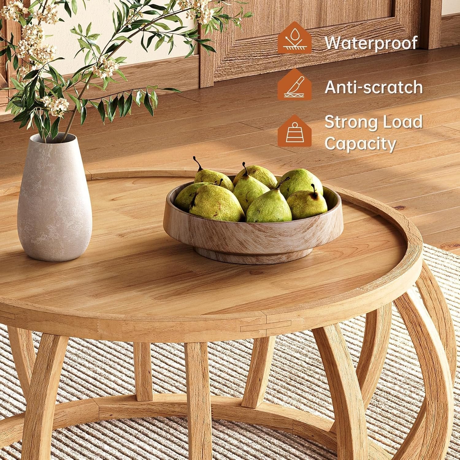 TribeWood Table Basse Ronde, Table Basse Bois Massif 80 cmTable Centrale avec Base Incurvée pour Salon