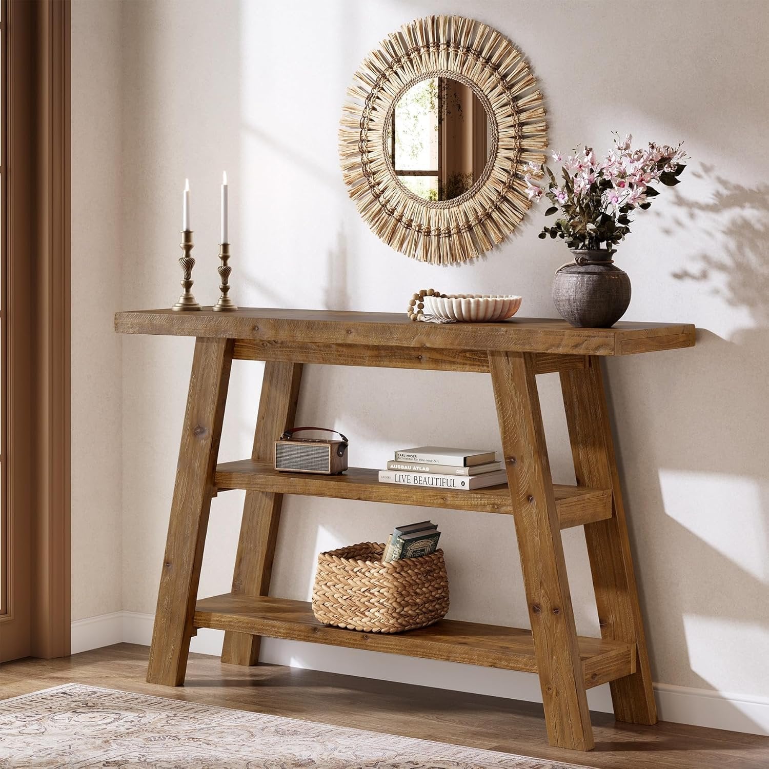 Tribesigns Table console en bois massif de 120 cm de long avec étagères à 3 niveaux