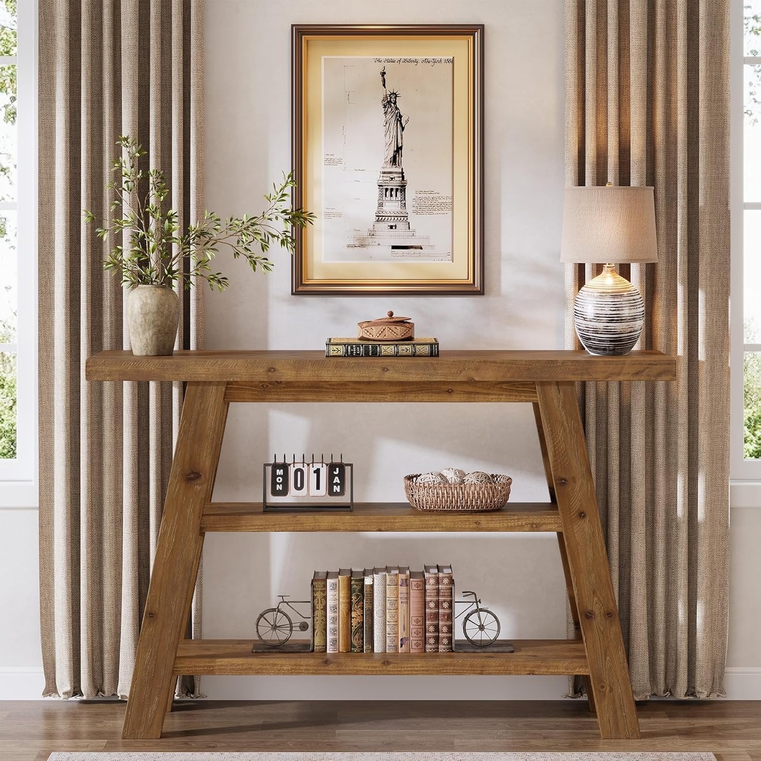 Tribesigns Table console en bois massif de 120 cm de long avec étagères à 3 niveaux
