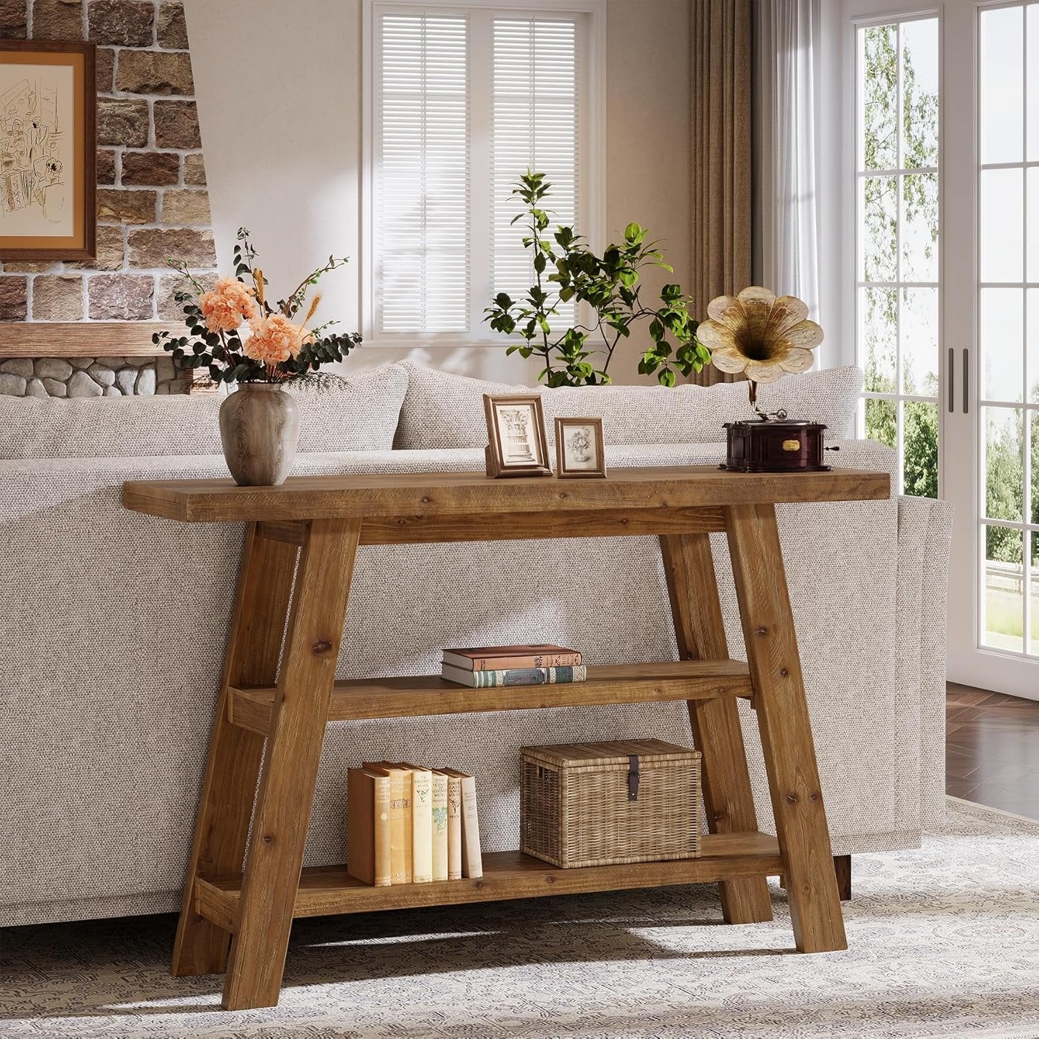 Tribesigns Table console en bois massif de 120 cm de long avec étagères à 3 niveaux