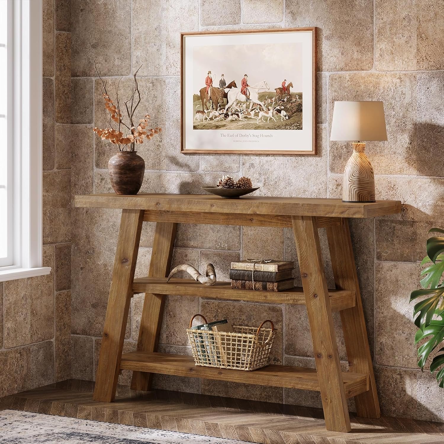 Tribesigns Table console en bois massif de 120 cm de long avec étagères à 3 niveaux