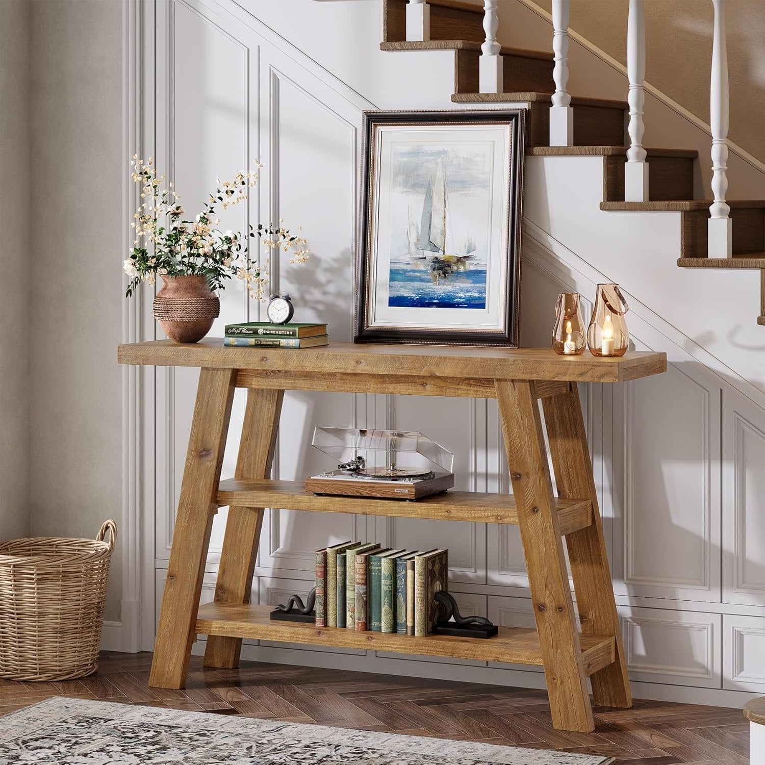 Tribesigns Table console en bois massif de 120 cm de long avec étagères à 3 niveaux
