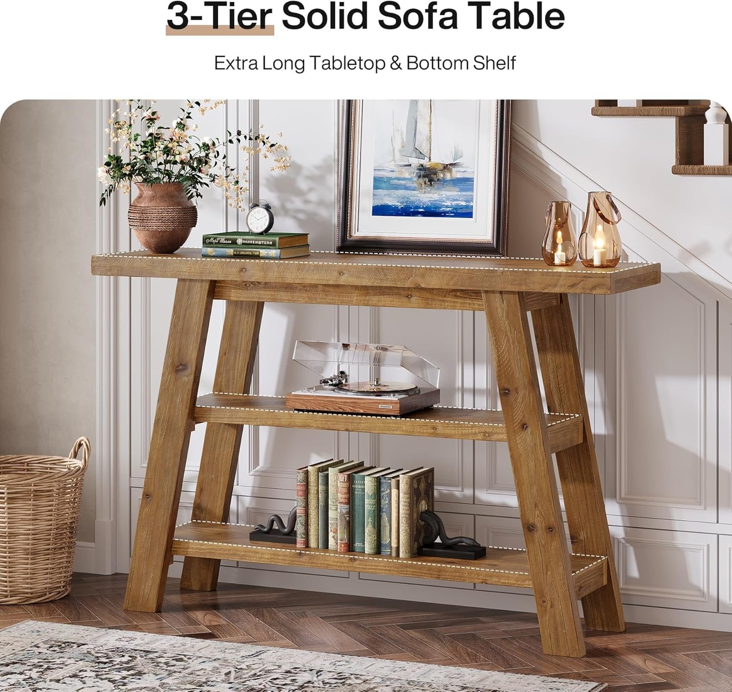Tribesigns Table console en bois massif de 120 cm de long avec étagères à 3 niveaux