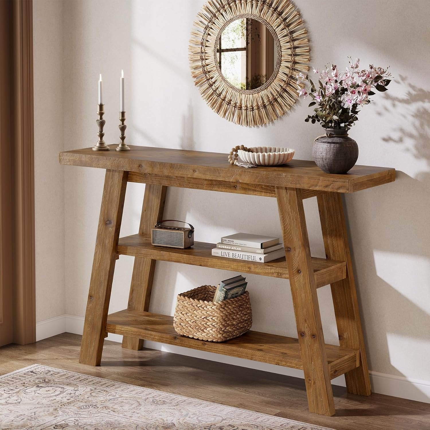 Tribesigns Table console en bois massif de 120 cm de long avec étagères à 3 niveaux