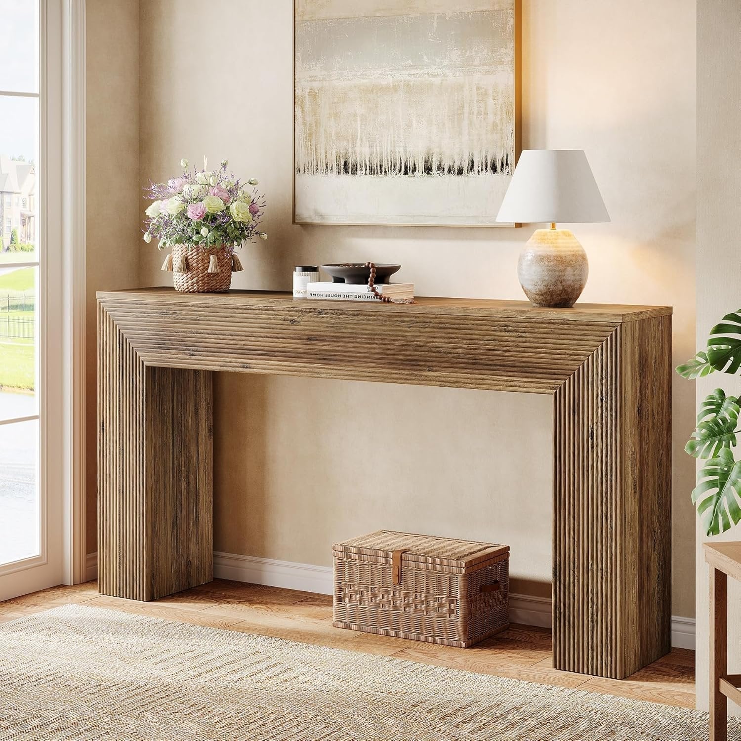 Tribesigns Table Console d'Entrée 160 cm avec Motifs Canelés, Table d'Appoint Style Industriel