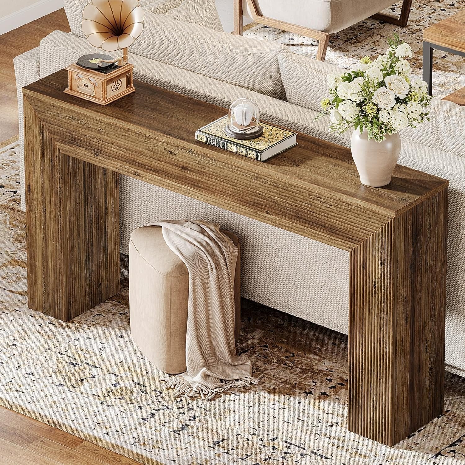 Tribesigns Table Console d'Entrée 160 cm avec Motifs Canelés, Table d'Appoint Style Industriel