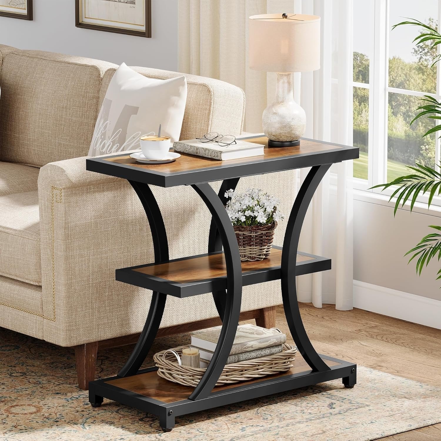 Tribesigns Table d'appoint avec espace de rangement, Table d'appoint à 3 niveaux avec design géométrique en métal