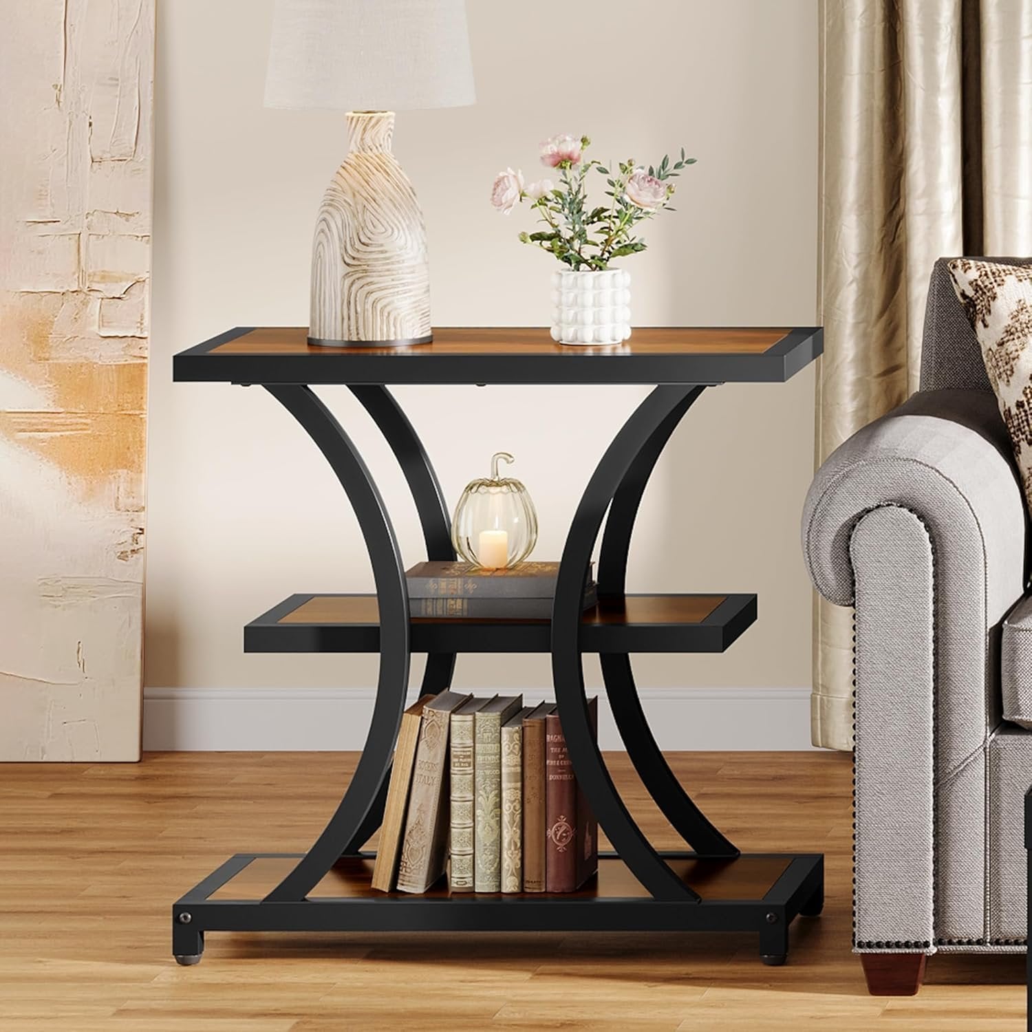 Tribesigns Table d'appoint avec espace de rangement, Table d'appoint à 3 niveaux avec design géométrique en métal