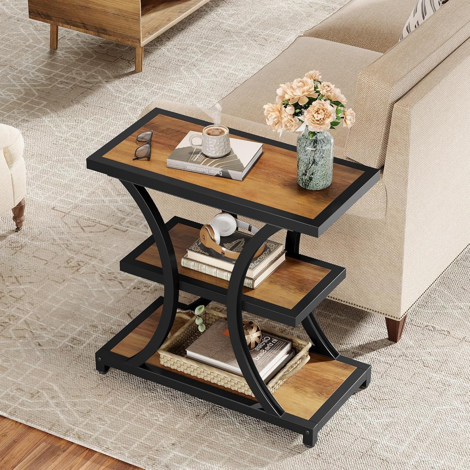 Tribesigns Table d'appoint avec espace de rangement, Table d'appoint à 3 niveaux avec design géométrique en métal