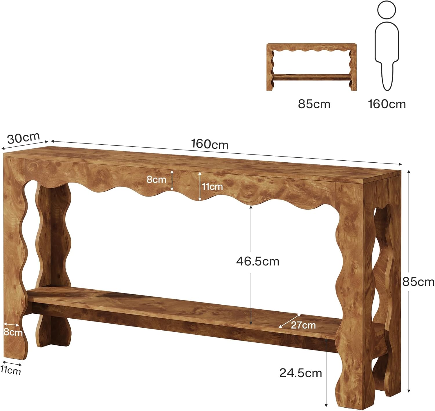 Tribesigns Consoletafel 160 cm, smalle 2-laags haltafel met geschulpte poten