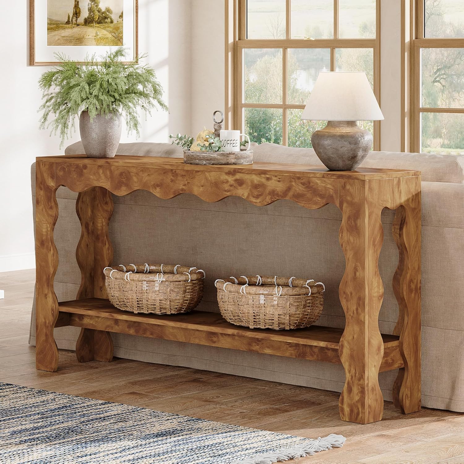 Tribesigns Consoletafel 160 cm, smalle 2-laags haltafel met geschulpte poten