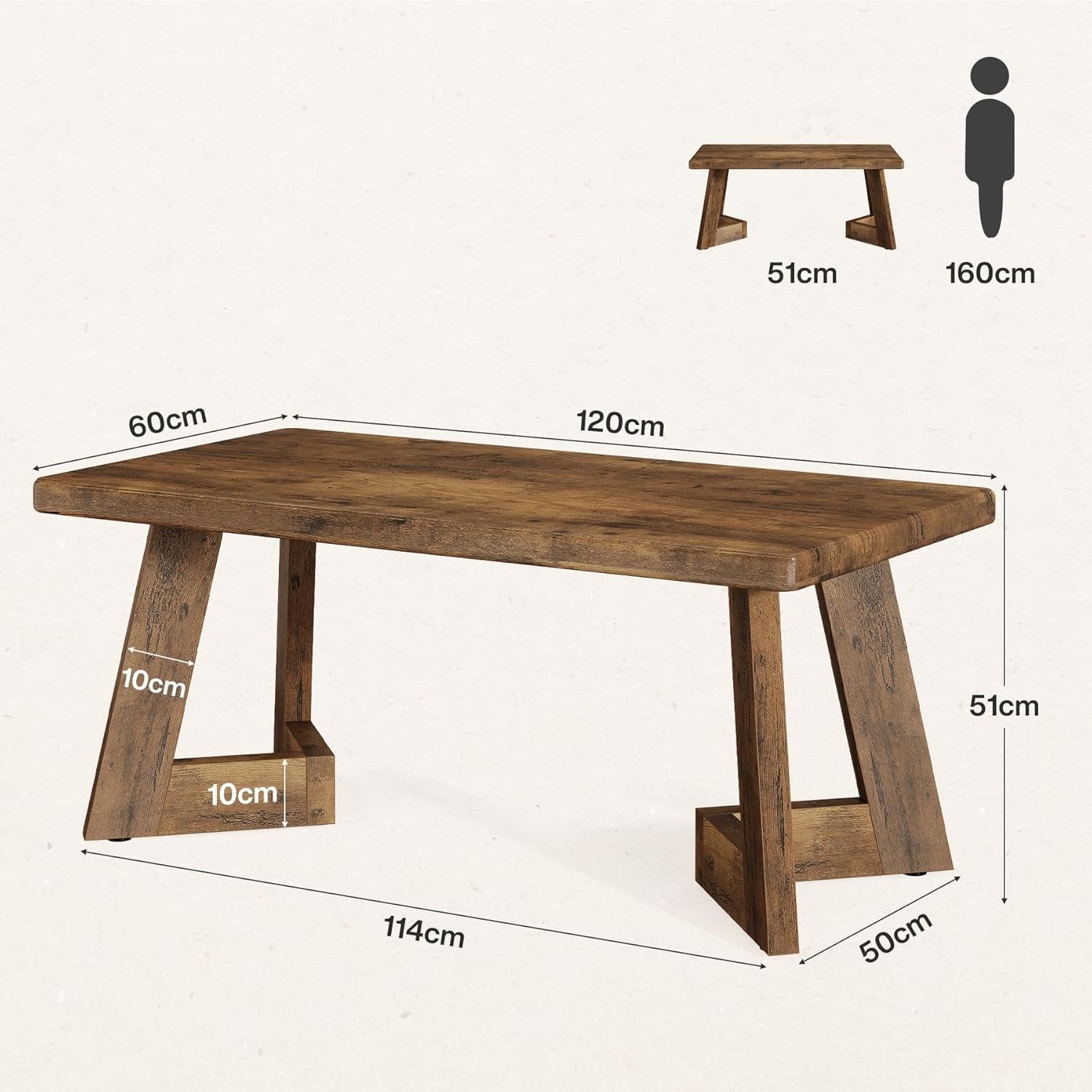Tribesigns Salontafel voor landelijke woning in rustiek design, bruine koffietafel met V-poten