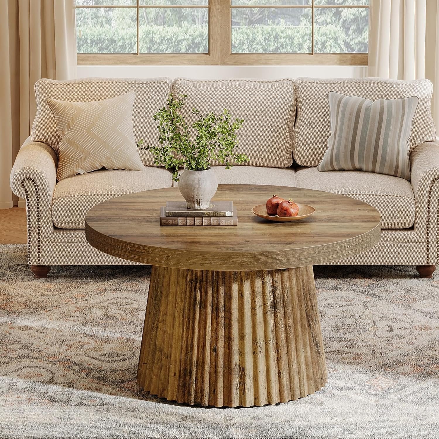Tribesigns Table basse ronde 80 cm, Table centrale circulaire moderne avec base en tambour cannelé et finition grain de bois