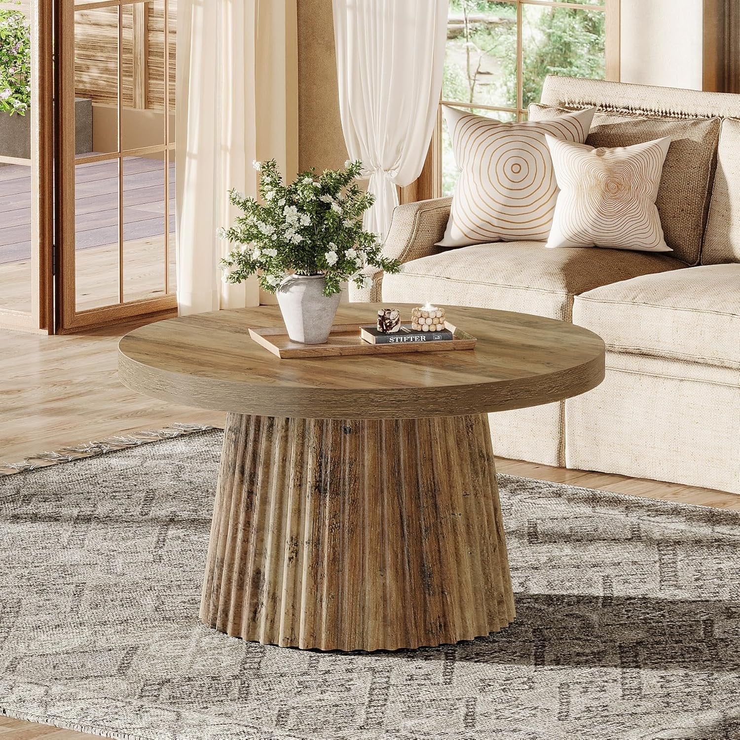 Tribesigns Table basse ronde 80 cm, Table centrale circulaire moderne avec base en tambour cannelé et finition grain de bois