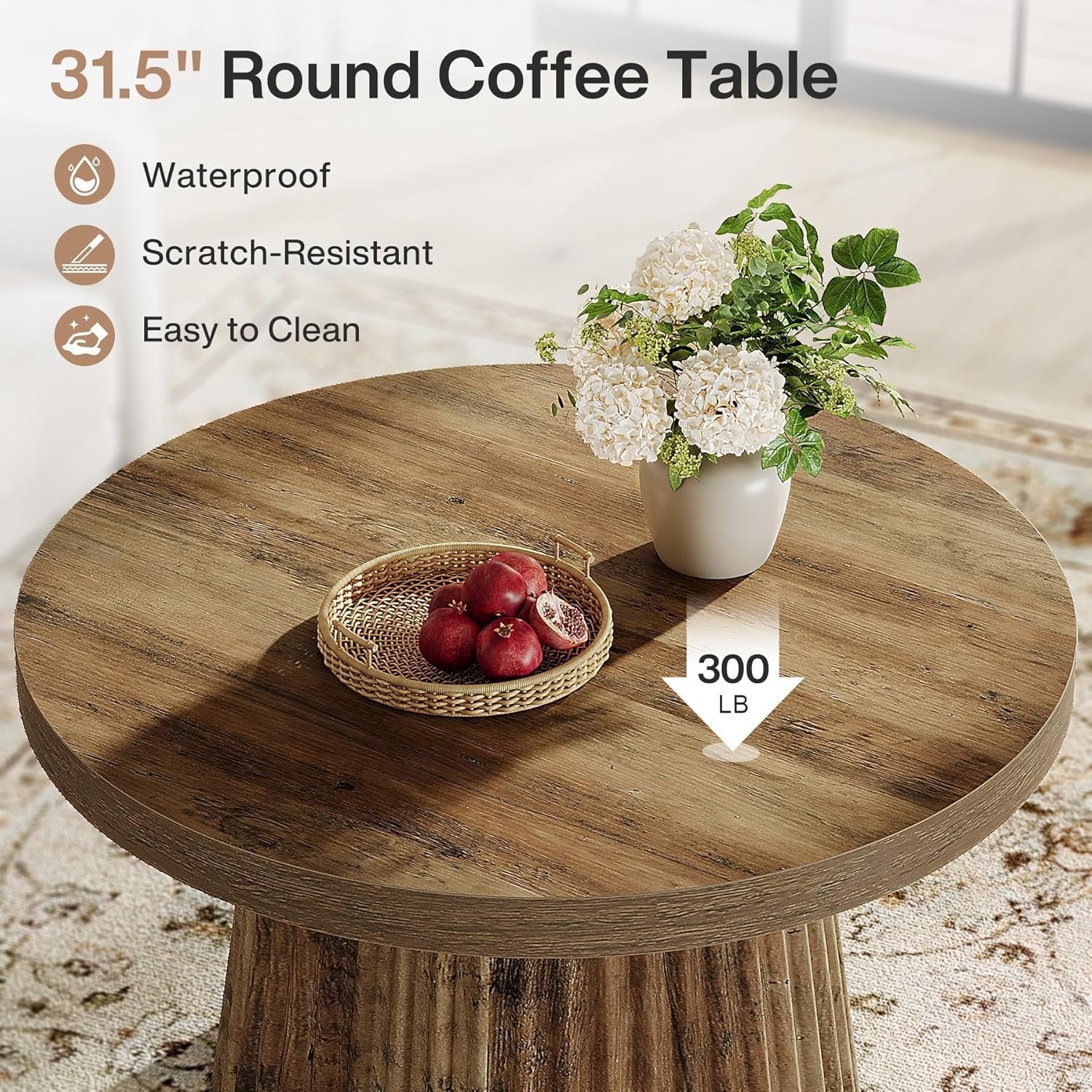 Tribesigns Table basse ronde 80 cm, Table centrale circulaire moderne avec base en tambour cannelé et finition grain de bois