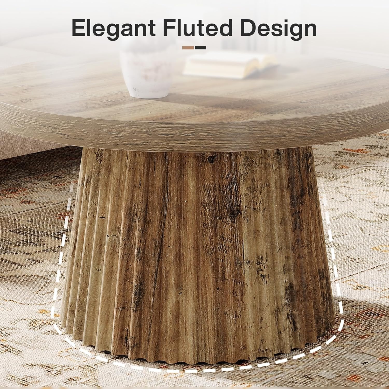 Tribesigns Table basse ronde 80 cm, Table centrale circulaire moderne avec base en tambour cannelé et finition grain de bois