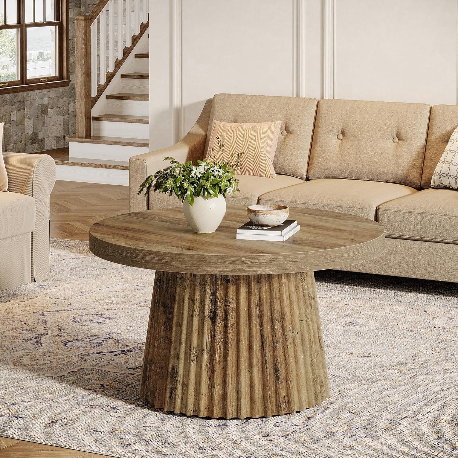 Tribesigns Table basse ronde 80 cm, Table centrale circulaire moderne avec base en tambour cannelé et finition grain de bois
