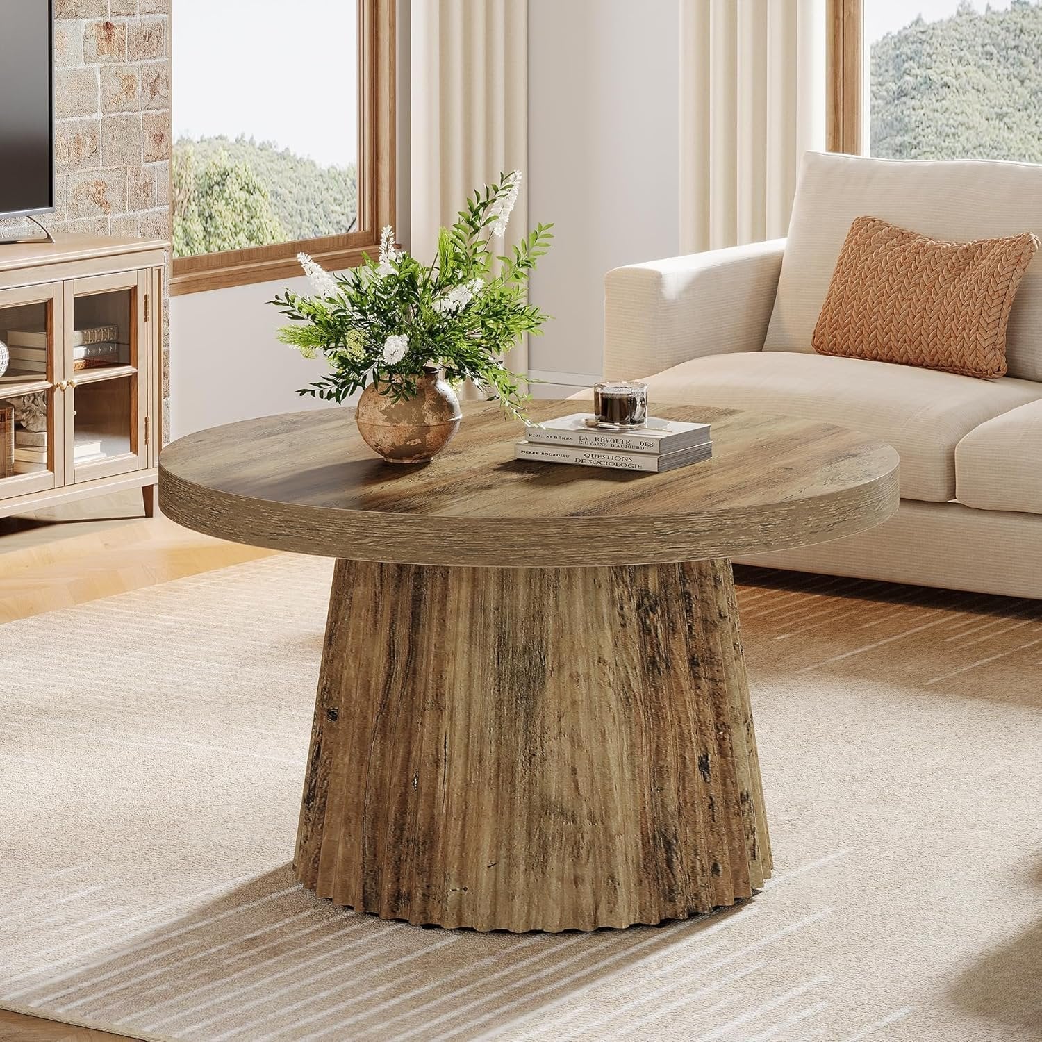 Tribesigns Table basse ronde 80 cm, Table centrale circulaire moderne avec base en tambour cannelé et finition grain de bois