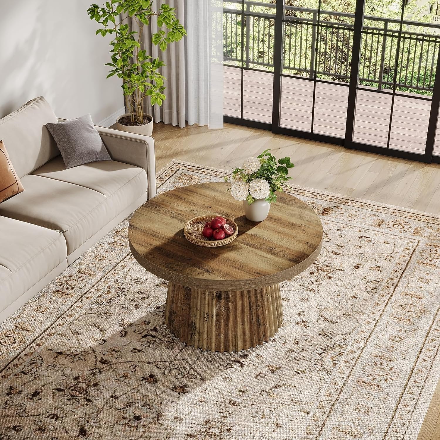 Tribesigns Table basse ronde 80 cm, Table centrale circulaire moderne avec base en tambour cannelé et finition grain de bois