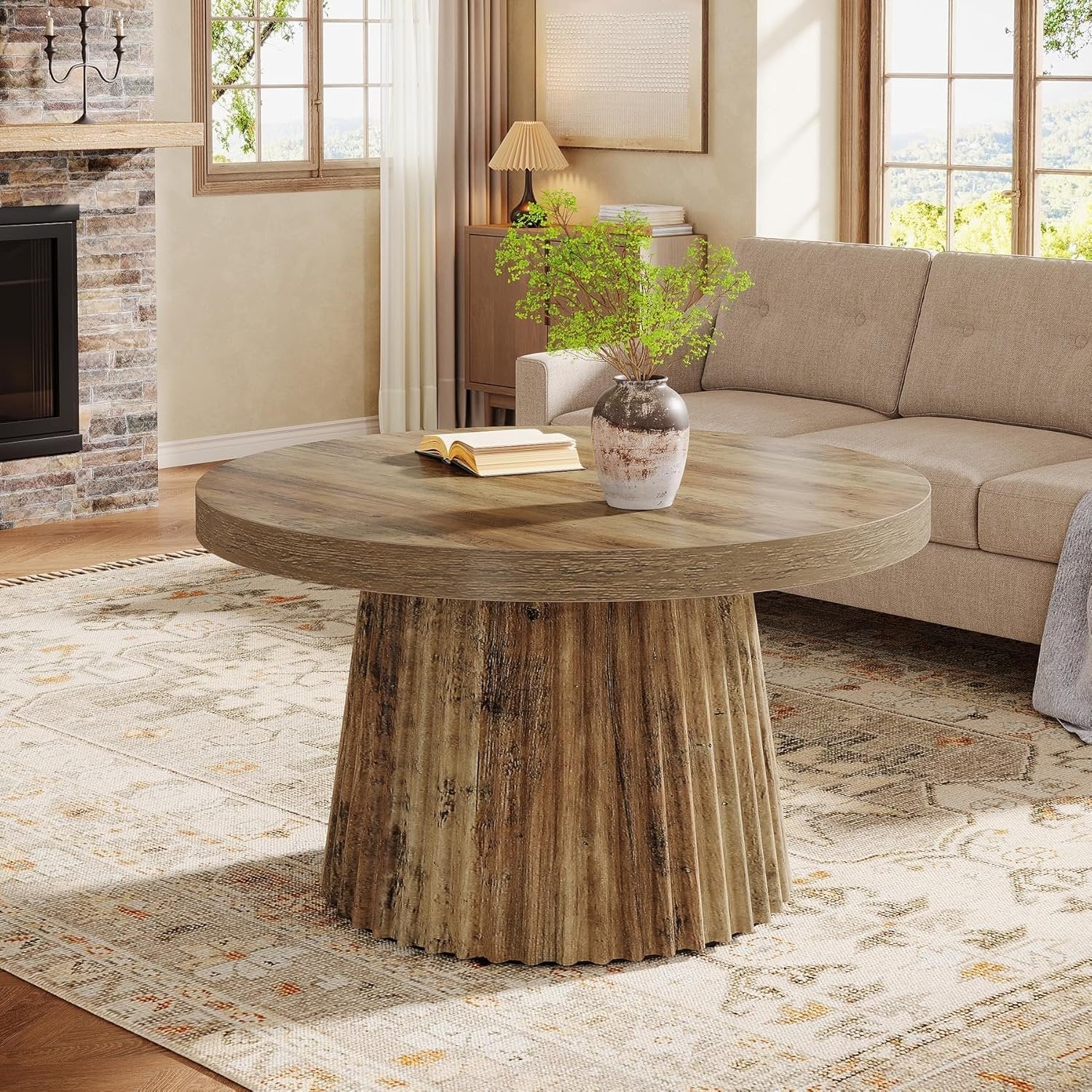 Tribesigns Table basse ronde 80 cm, Table centrale circulaire moderne avec base en tambour cannelé et finition grain de bois