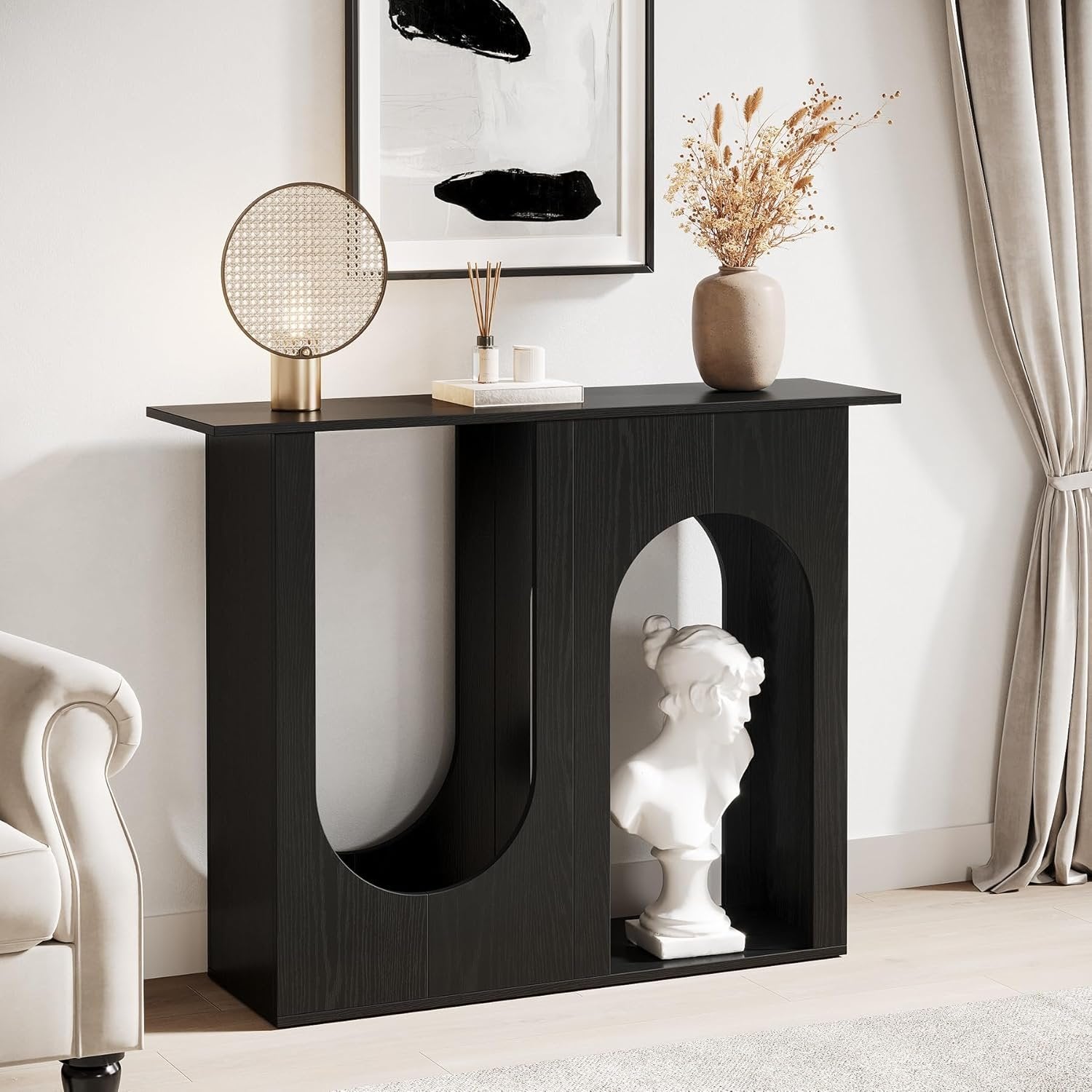 Tribesigns Table basse noire de 90 cm, Console étroite à placer derrière le canapé au design incurvé