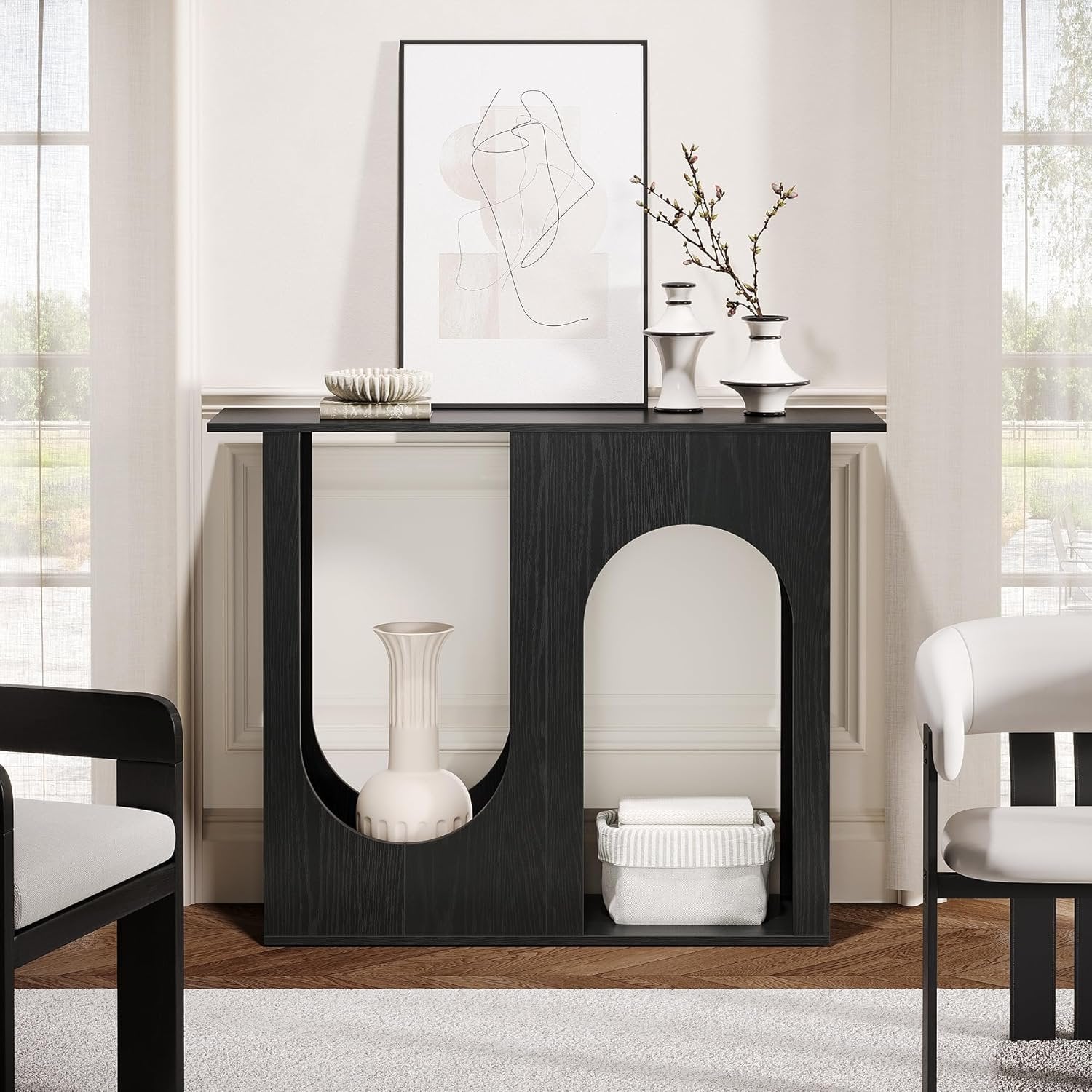 Tribesigns Table basse noire de 90 cm, Console étroite à placer derrière le canapé au design incurvé