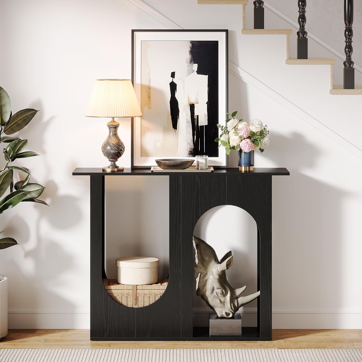 Tribesigns Table basse noire de 90 cm, Console étroite à placer derrière le canapé au design incurvé