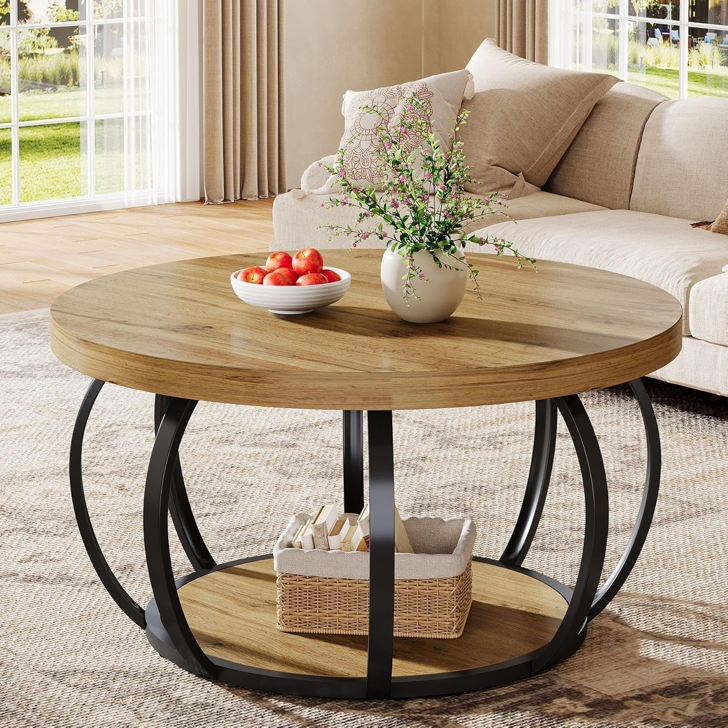 Tribesigns Ronde Salontafel, Industriële Salontafel met 2 Niveaus en Opbergplanken
