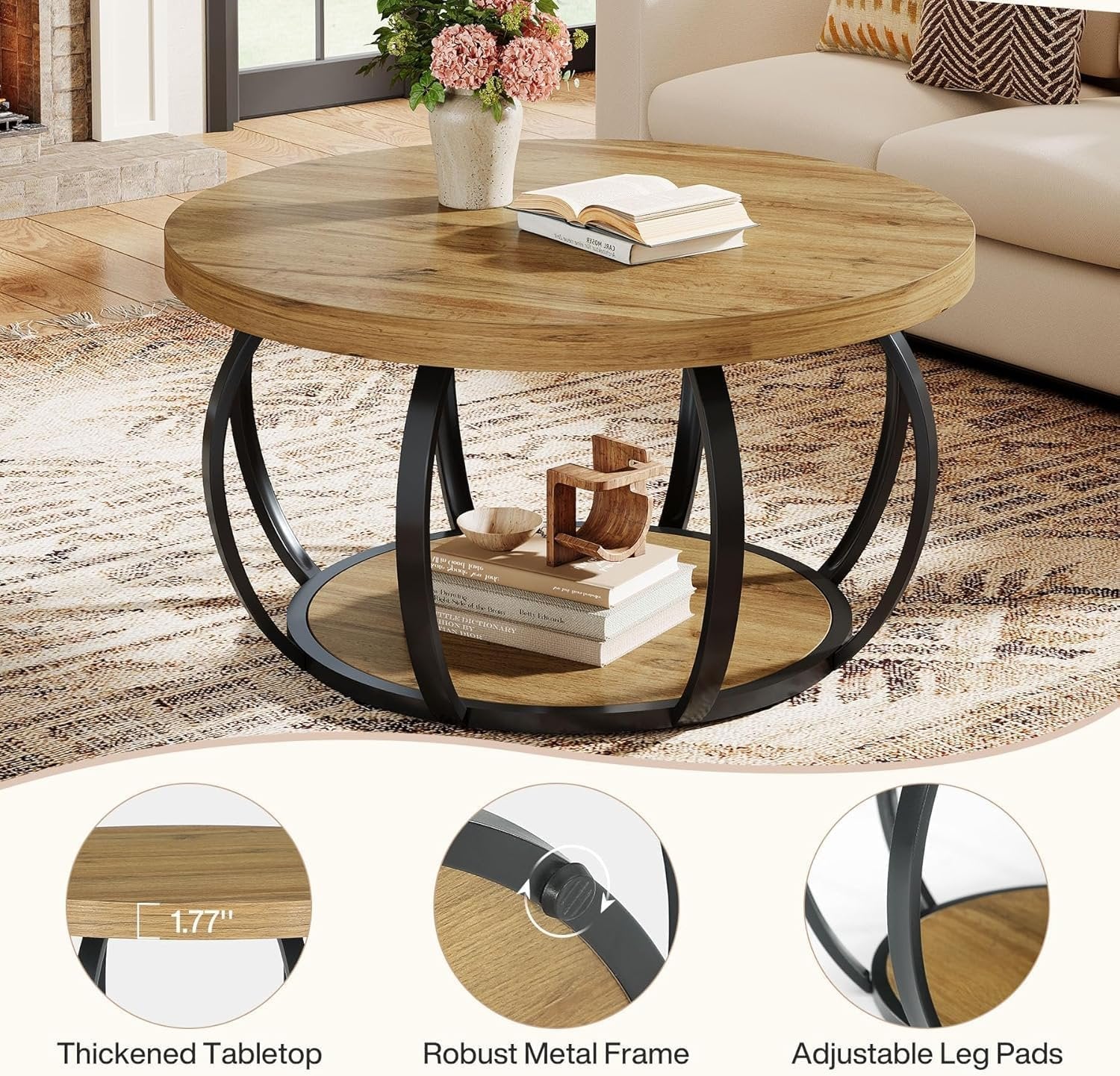 Tribesigns Ronde Salontafel, Industriële Salontafel met 2 Niveaus en Opbergplanken