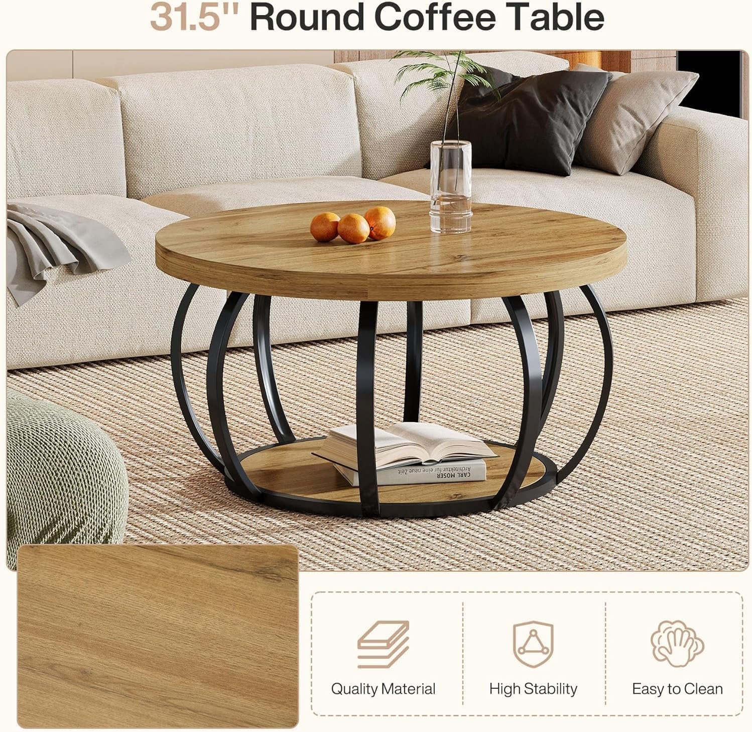 Tribesigns Ronde Salontafel, Industriële Salontafel met 2 Niveaus en Opbergplanken
