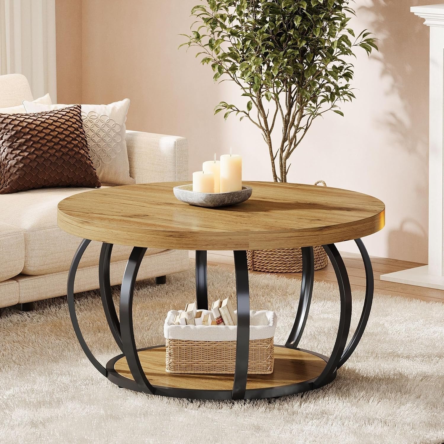 Tribesigns Ronde Salontafel, Industriële Salontafel met 2 Niveaus en Opbergplanken