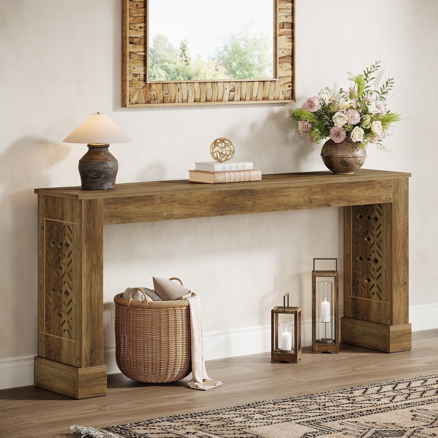 Tribesigns Landelijke Console van 160 cm, Retro Industriële Haltafel met Holle Patroonpoten in Bruin
