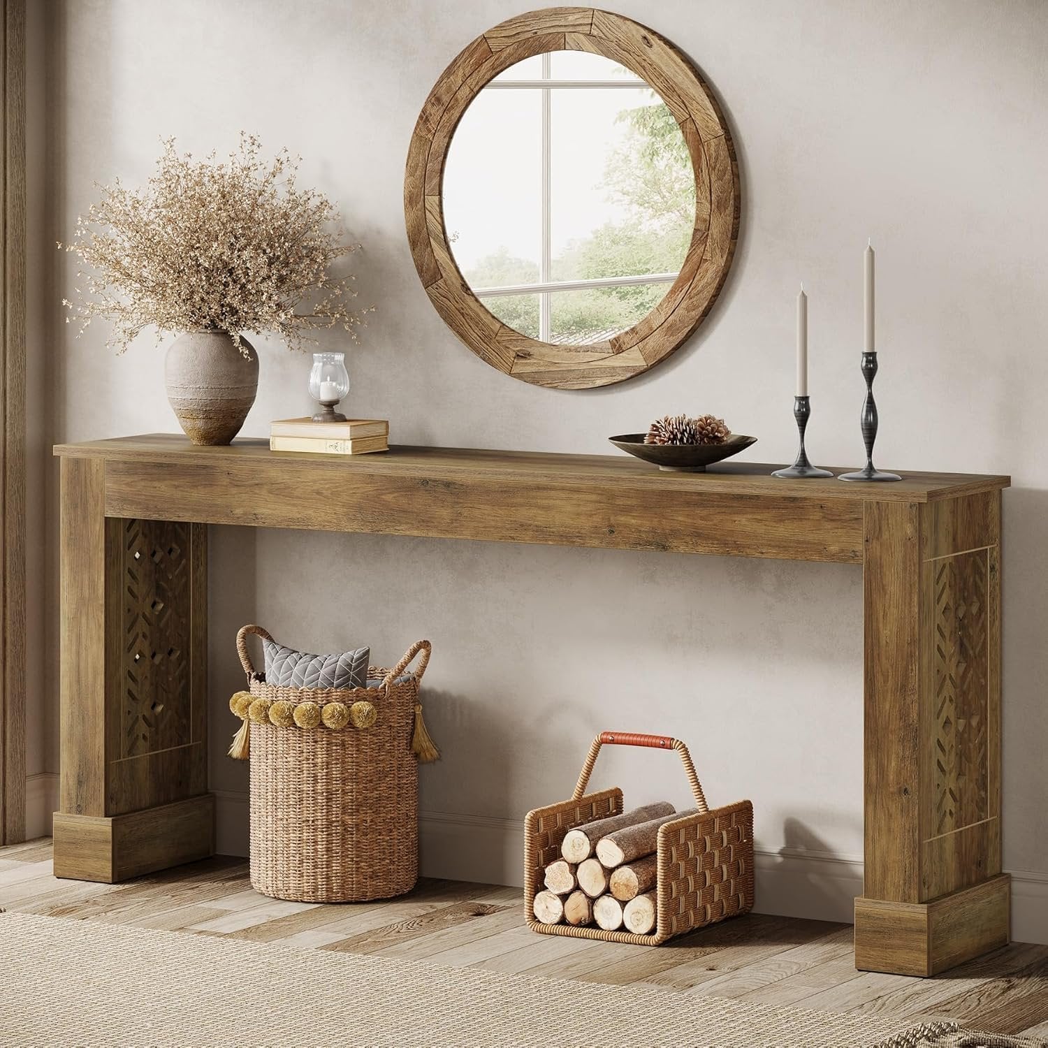 Tribesigns Landelijke Console van 160 cm, Retro Industriële Haltafel met Holle Patroonpoten in Bruin