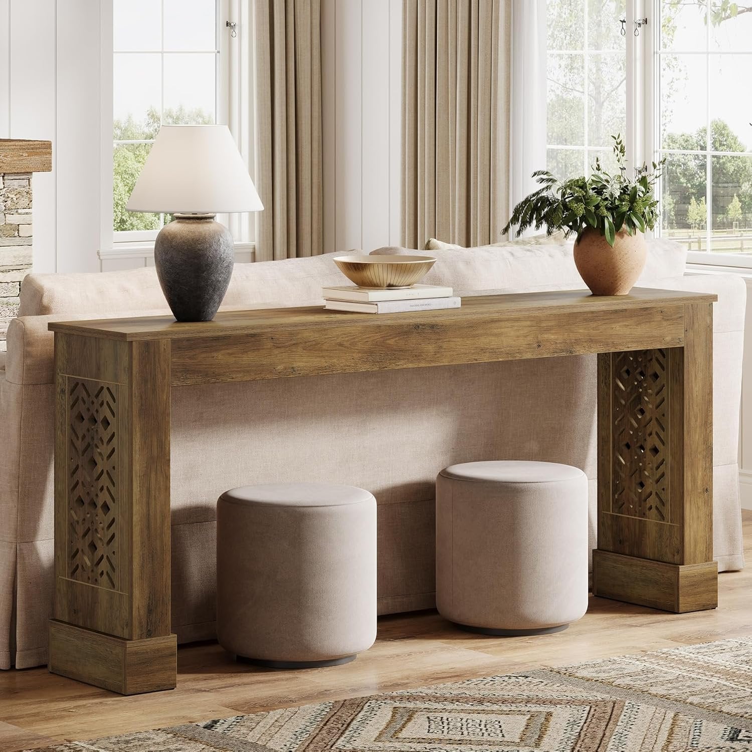 Tribesigns Landelijke Console van 160 cm, Retro Industriële Haltafel met Holle Patroonpoten in Bruin