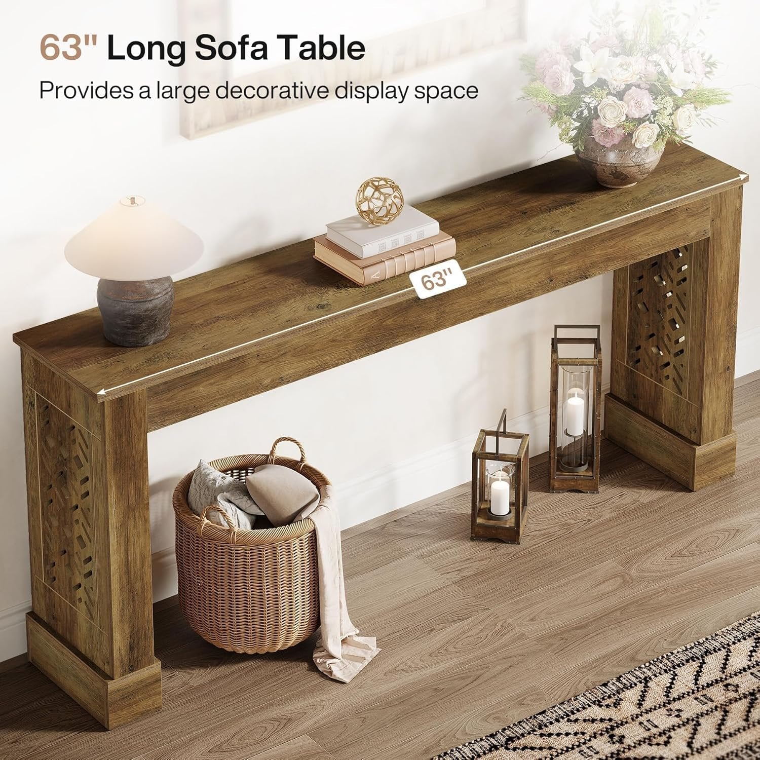 Tribesigns Landelijke Console van 160 cm, Retro Industriële Haltafel met Holle Patroonpoten in Bruin