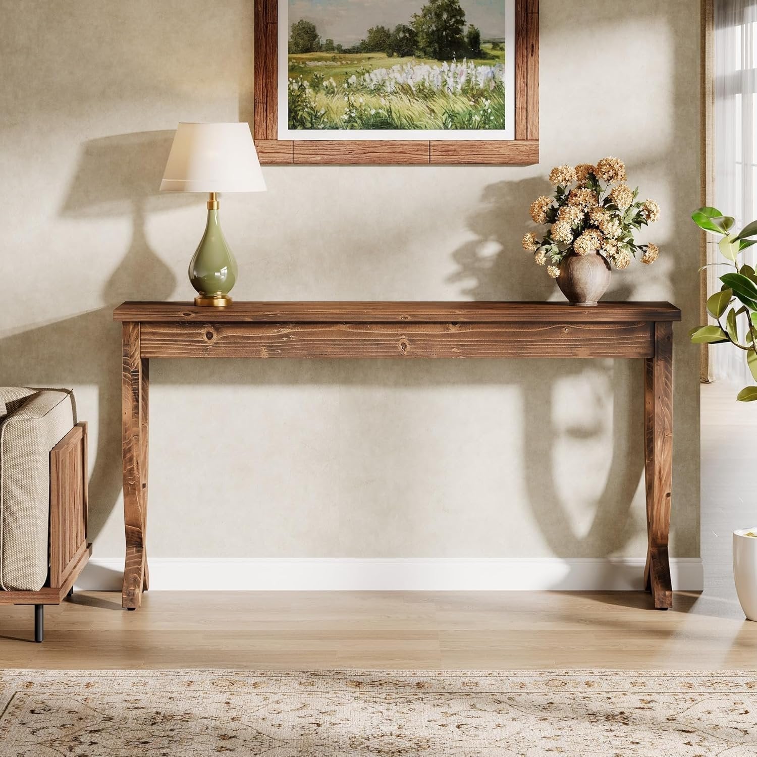 TRIBEWOOD Console en bois massif 160 cm, Table d'entrée de style ferme longue table basse pour salon