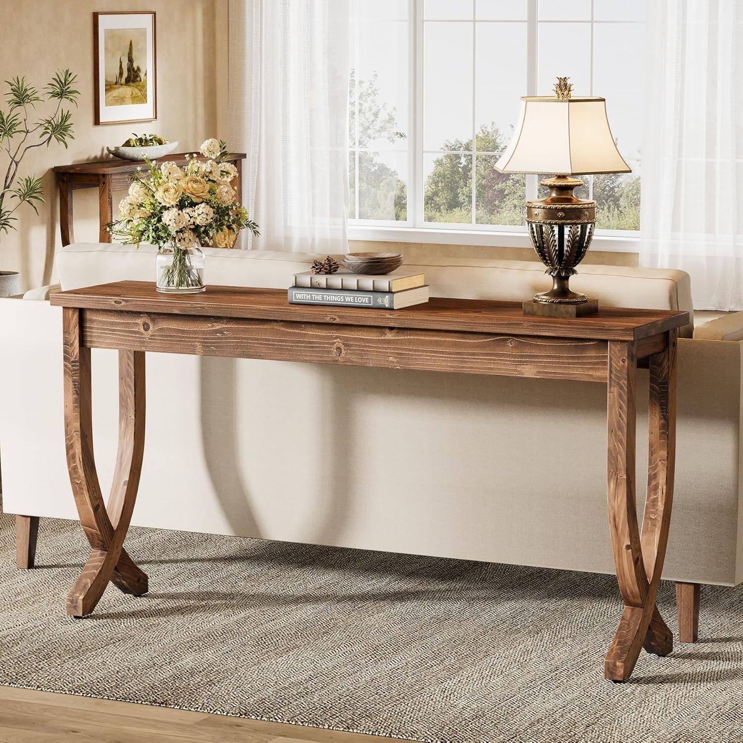 TRIBEWOOD Console en bois massif 160 cm, Table d'entrée de style ferme longue table basse pour salon