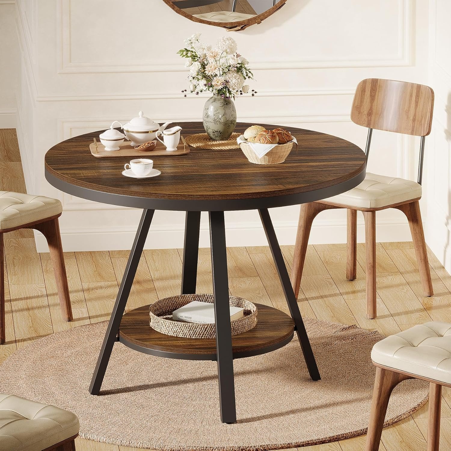 Tribesigns Table de salle à manger ronde pour 2 à 4 personnes, Table de cuisine industrielle à 2 niveaux avec piètement en métal robuste