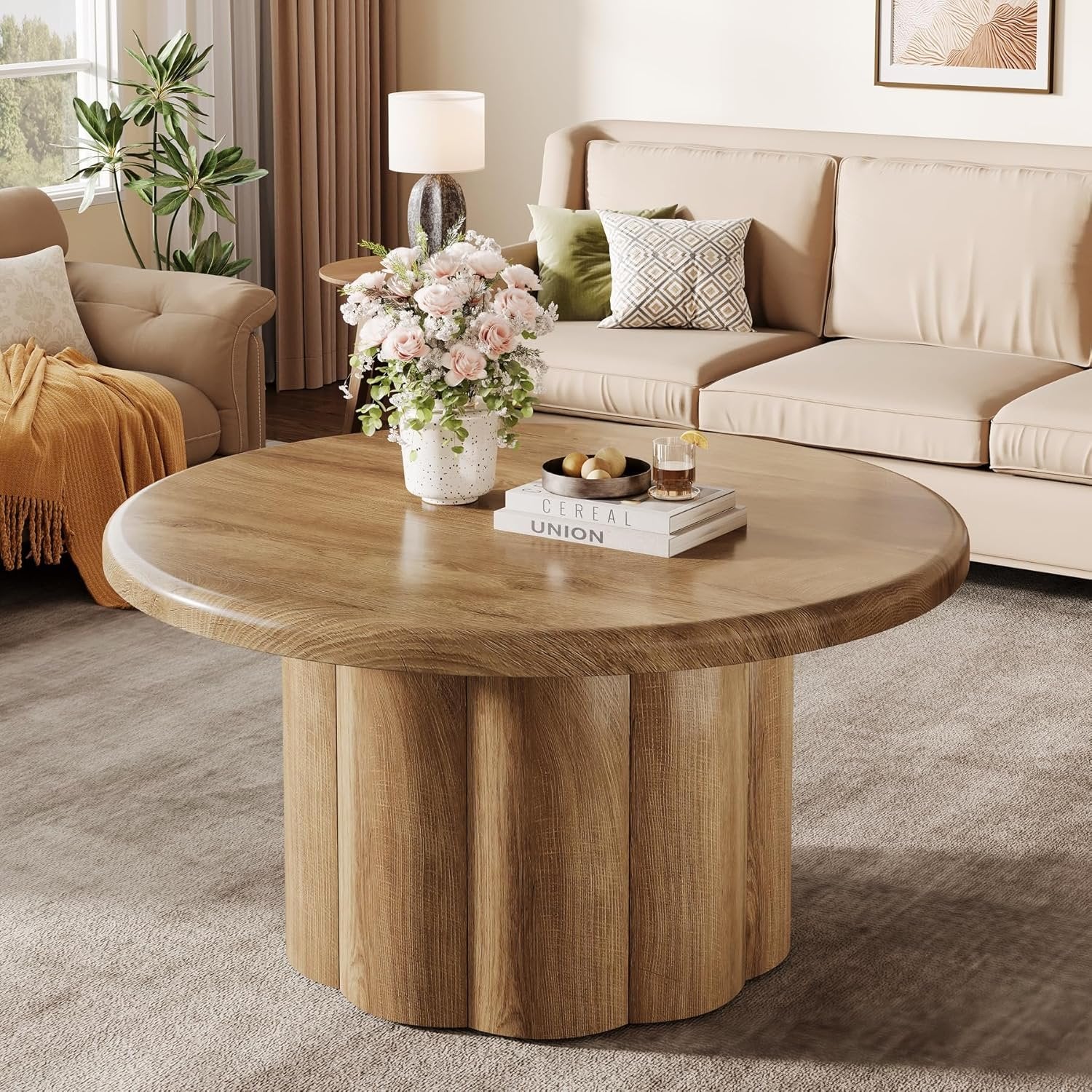 Tribesigns Ronde Salontafel 80 cm, Woonkamertafel in landelijke stijl met gegroefde basis in bruin