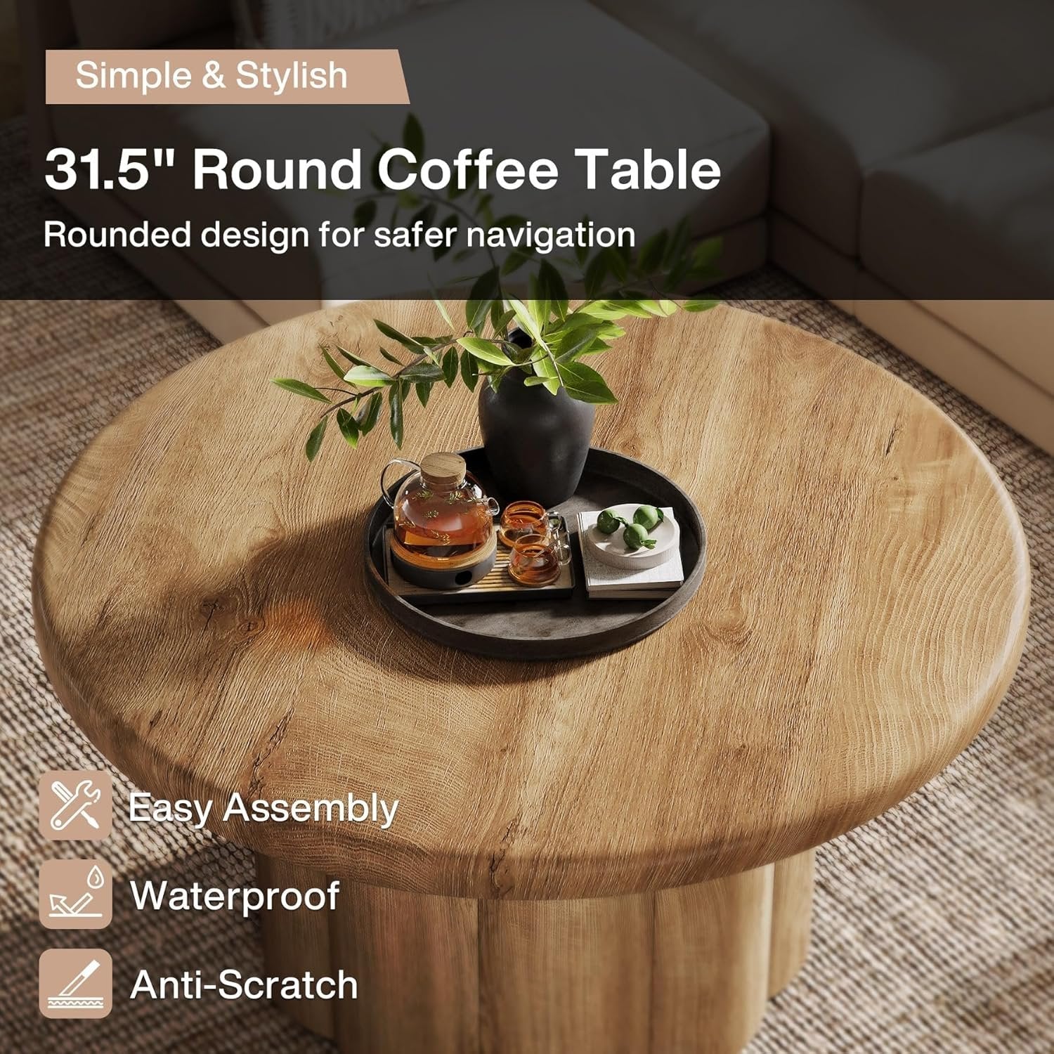 Tribesigns Ronde Salontafel 80 cm, Woonkamertafel in landelijke stijl met gegroefde basis in bruin