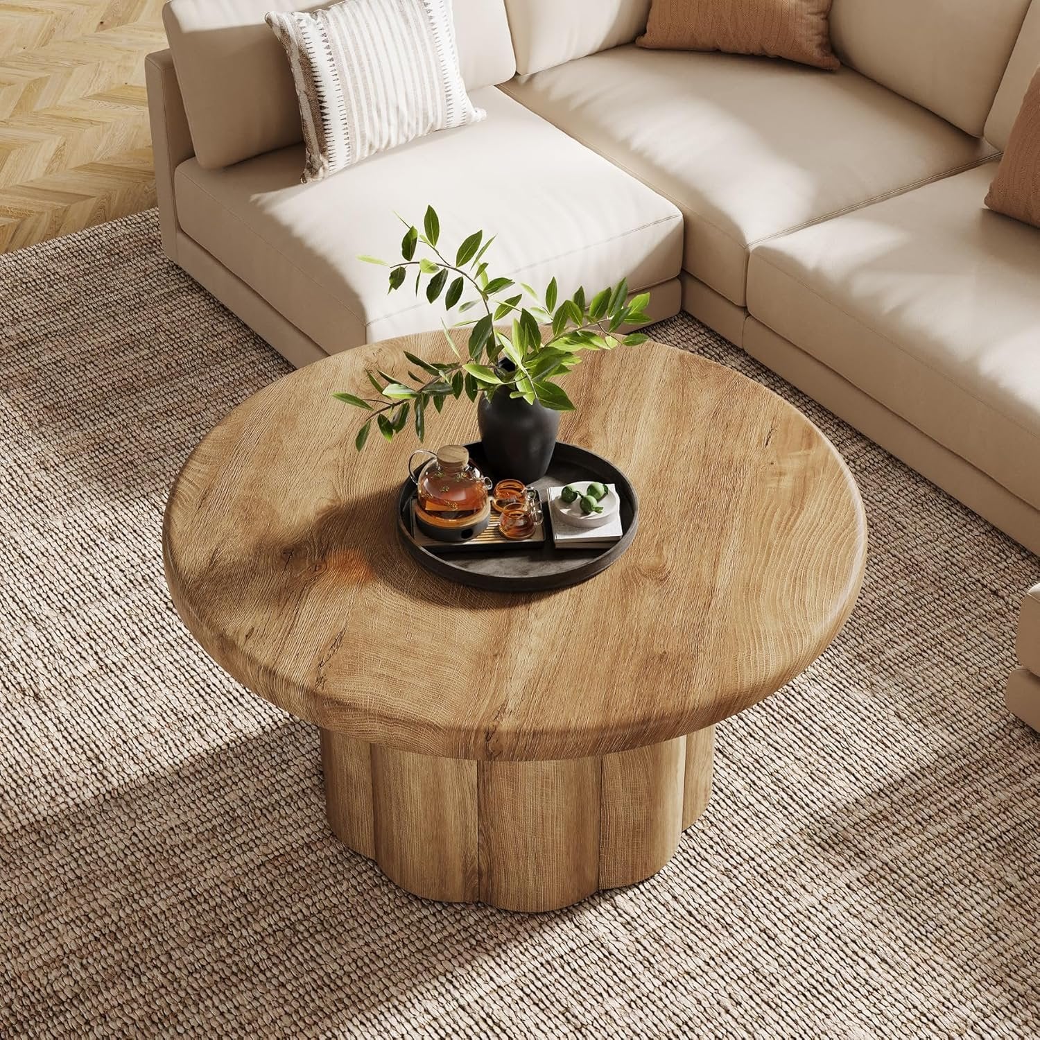 Tribesigns Ronde Salontafel 80 cm, Woonkamertafel in landelijke stijl met gegroefde basis in bruin