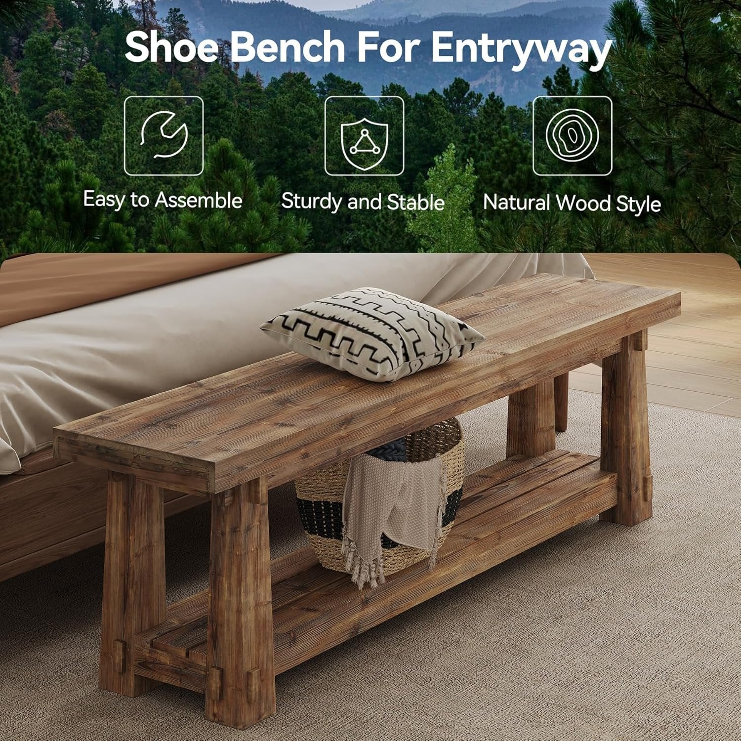 Tribesigns Banc d’entrée de 140 cm en bois massif avec étagère à chaussures