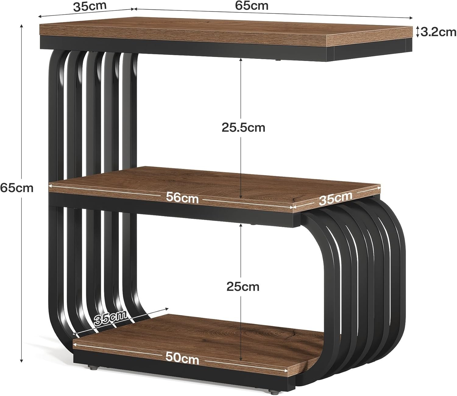 Tribesigns Industriële Bijzettafel met 3 Niveaus, Smal Nachtkastje met Metalen Frame