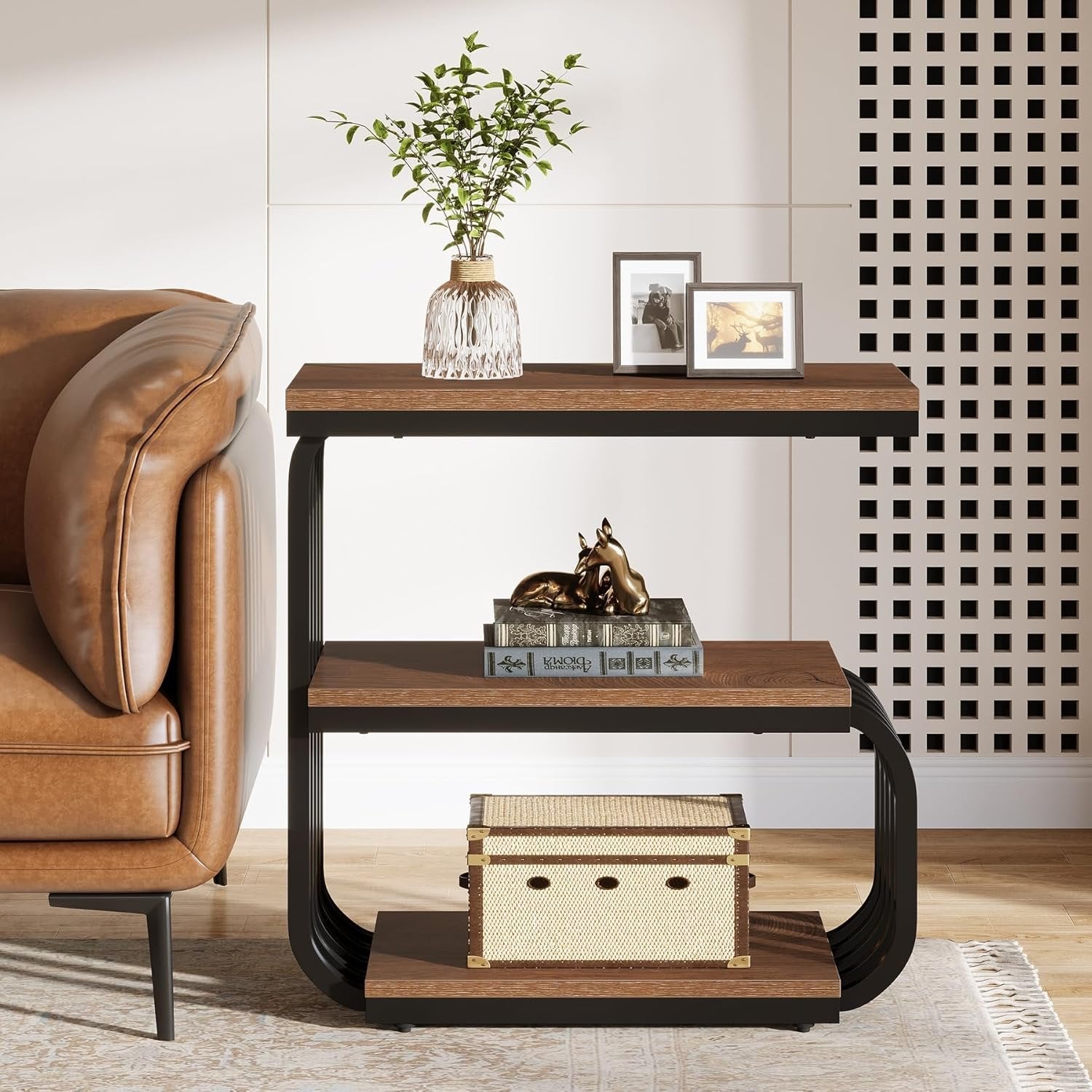 Tribesigns Industriële Bijzettafel met 3 Niveaus, Smal Nachtkastje met Metalen Frame