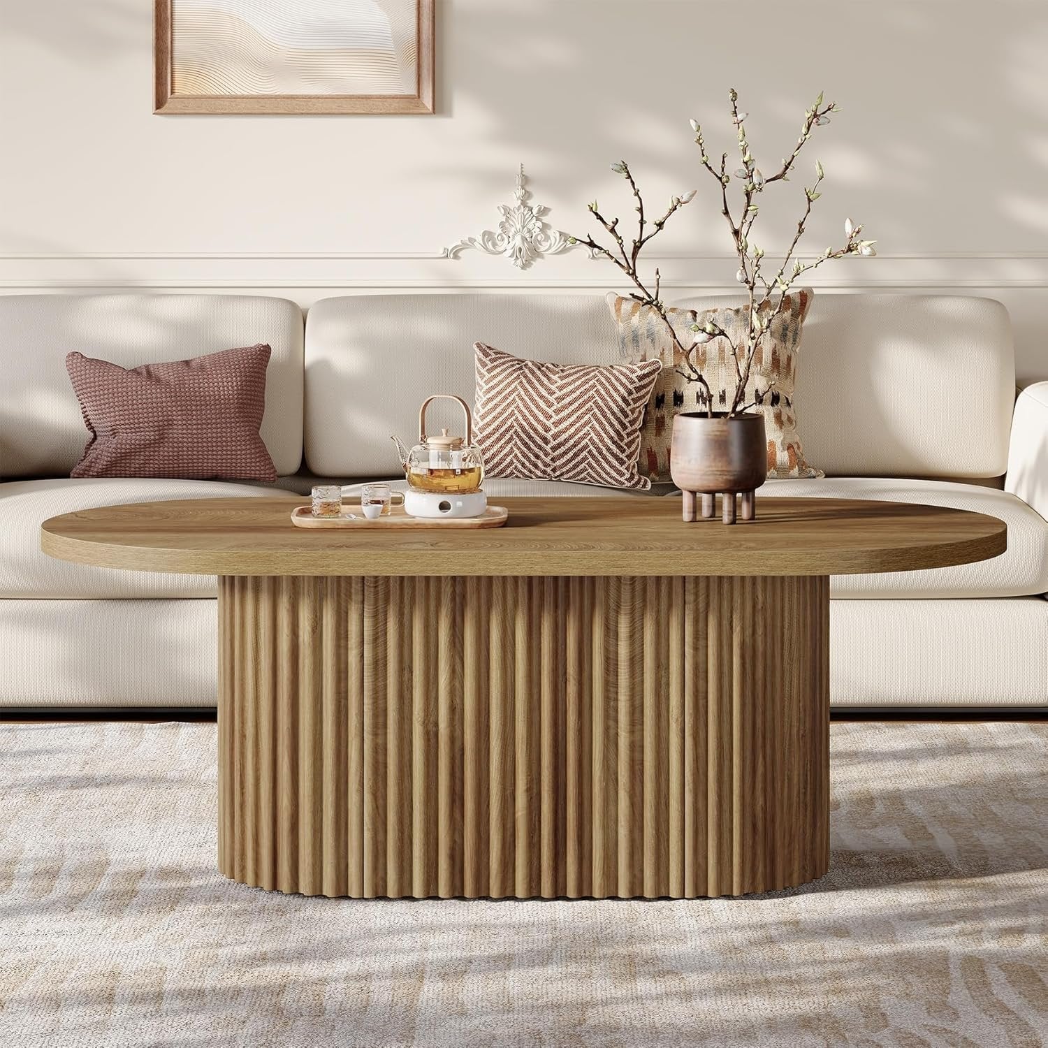 Tribesigns Ovale Salontafel, Landelijke Bijzettafel Hout met Geribbeld Patroon voor Woonkamer