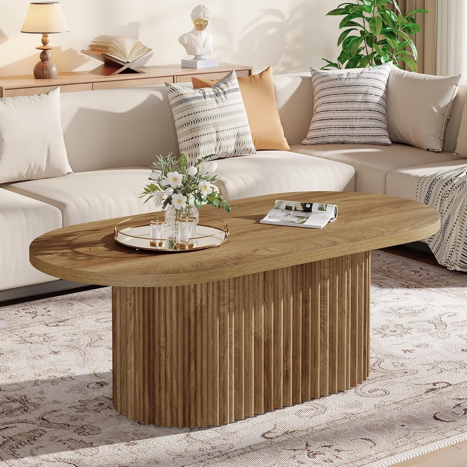 Tribesigns Ovale Salontafel, Landelijke Bijzettafel Hout met Geribbeld Patroon voor Woonkamer