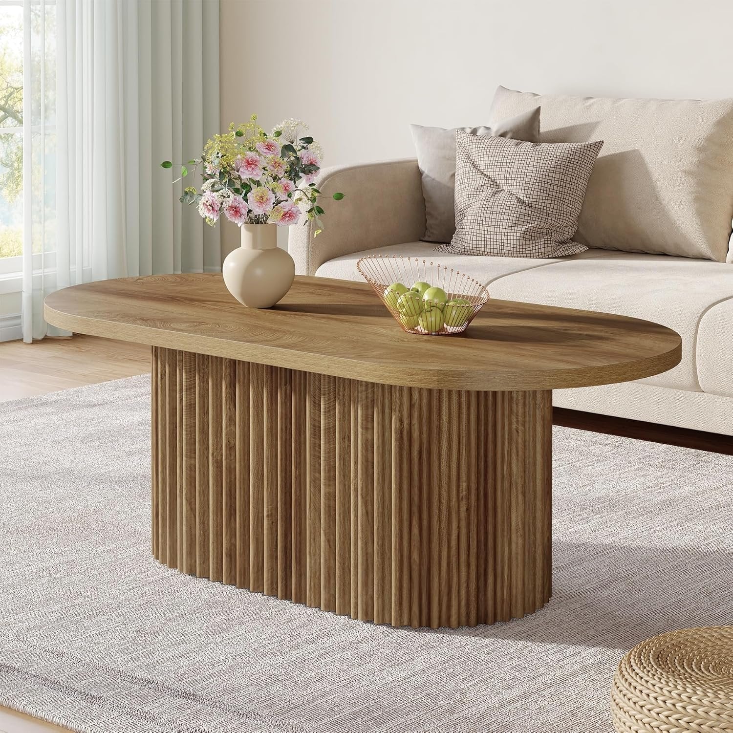 Tribesigns Ovale Salontafel, Landelijke Bijzettafel Hout met Geribbeld Patroon voor Woonkamer