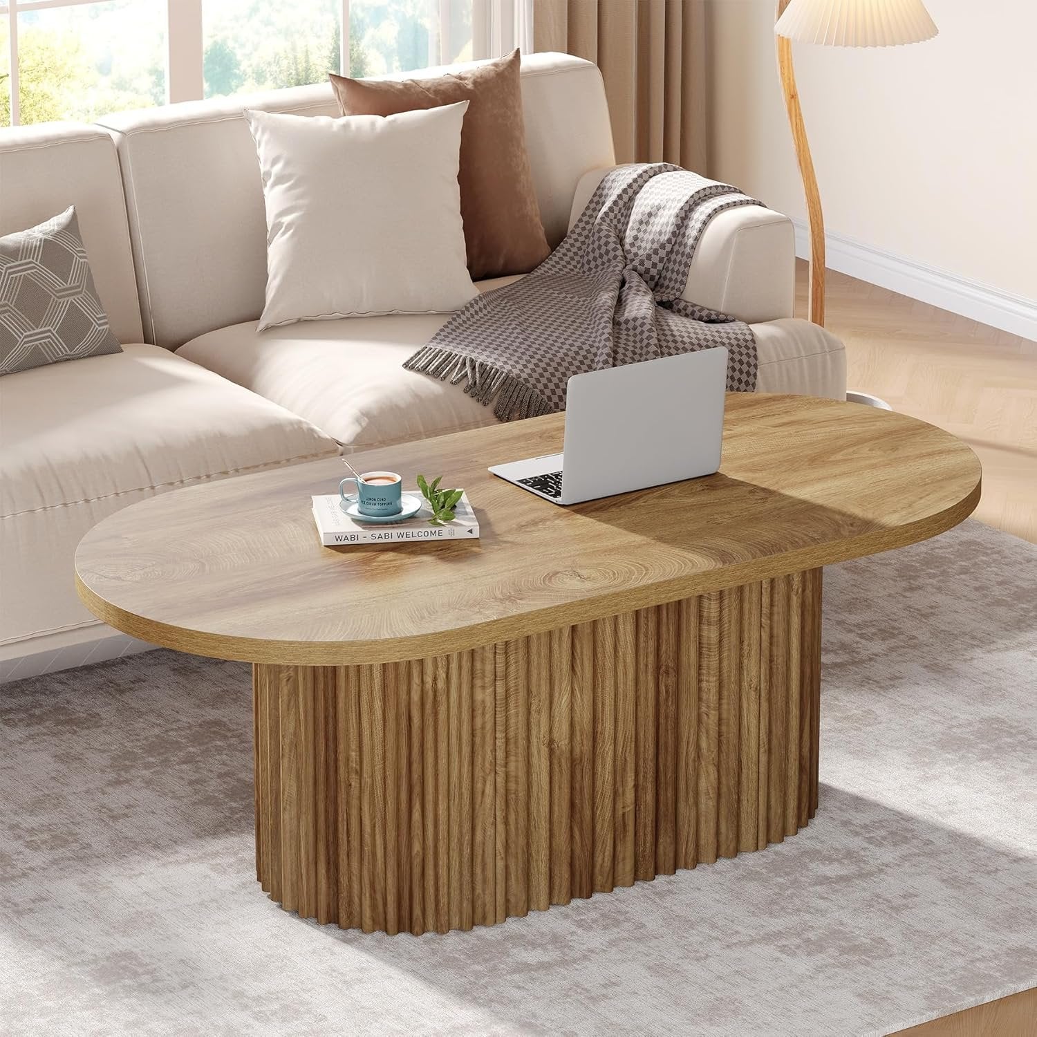 Tribesigns Ovale Salontafel, Landelijke Bijzettafel Hout met Geribbeld Patroon voor Woonkamer