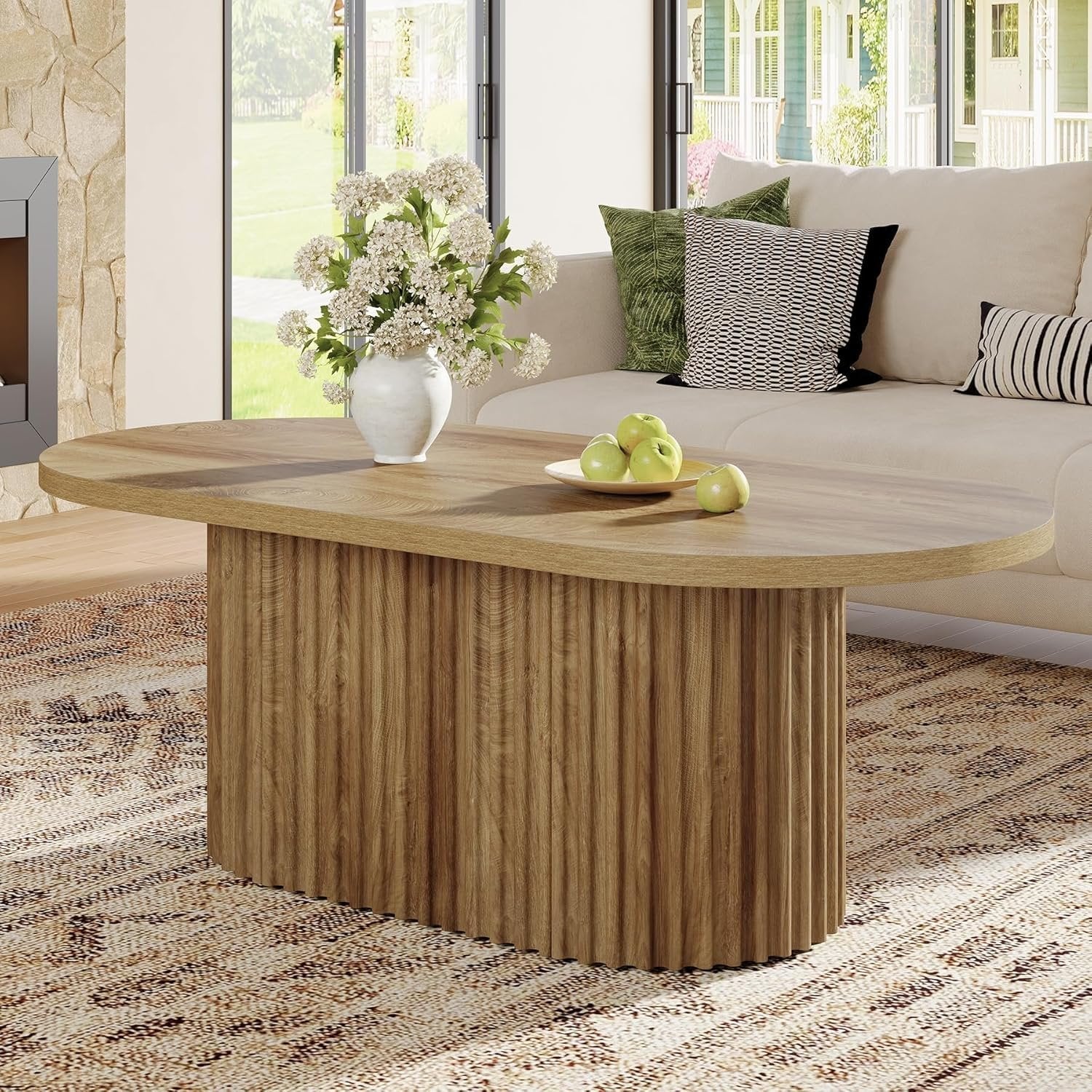Tribesigns Ovale Salontafel, Landelijke Bijzettafel Hout met Geribbeld Patroon voor Woonkamer